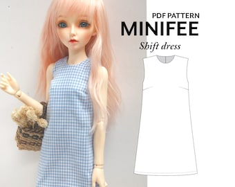 May include: PDF pattern for a shift dress for a MiniFee doll. The pattern is shown on a white background. The doll is wearing a blue and white gingham dress.