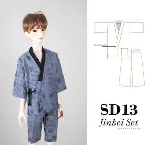 May include: A blue and black patterned Jinbei set with a black sash. The set includes a short-sleeved top and matching shorts. The image also includes a line drawing of the Jinbei set. The text "SD13 Jinbei Set" is below the drawing.