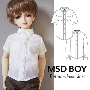 May include: A white button-down shirt with a light green pattern for a doll. The shirt has a pocket on each side and a button-up front. The shirt is shown on a doll with brown hair. The image also includes a line drawing of the shirt in both short and long sleeve versions. The text "MSD BOY Button-down shirt" is at the bottom of the image.