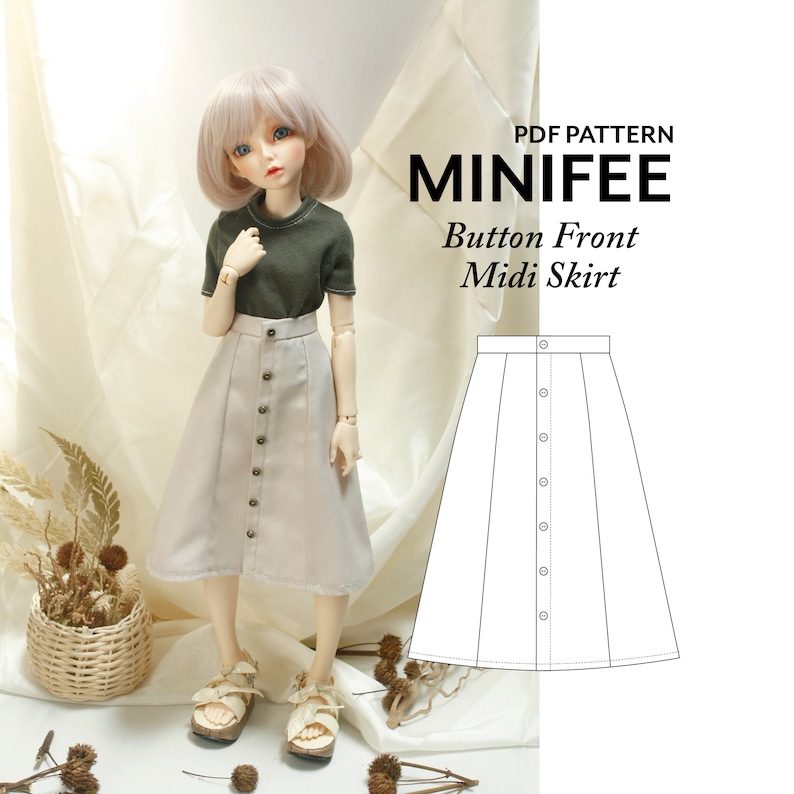 May include: PDF pattern for a button front midi skirt for a doll. The pattern is shown on a doll wearing a green shirt and the skirt. The skirt is beige.