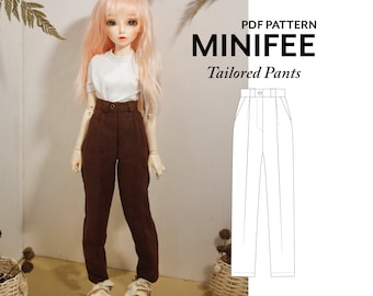 May include: PDF pattern for tailored trousers for a Minifee doll. The pattern is shown on a doll wearing brown trousers and a white shirt. The pattern is for a high-waisted, straight-leg trouser with a button closure.