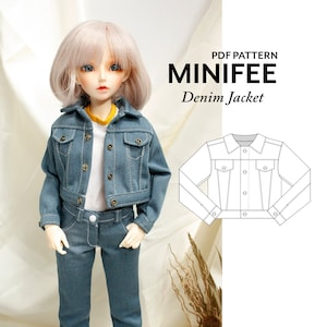 May include: A PDF pattern for a denim jacket for a doll. The pattern is called "Minifee Denim Jacket".