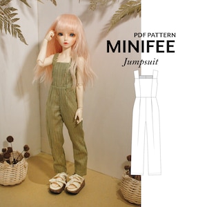 May include: PDF pattern for a striped jumpsuit for a MiniFee doll. The pattern is shown on a doll wearing the jumpsuit. The pattern is also shown on a white background.