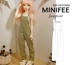 May include: PDF pattern for a striped jumpsuit for a MiniFee doll. The pattern is shown on a doll wearing the jumpsuit. The pattern is also shown on a white background.