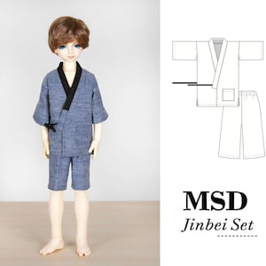 May include: A blue and black jinbei set for a doll. The jinbei is a traditional Japanese garment. The set includes a top and shorts. The top has a black collar and a black sash. The shorts have a black waistband. The doll is wearing the jinbei set. MSD Jinbei Set.