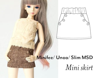 May include: A brown mini skirt with two buttons on the front. The skirt is designed for dolls, specifically for Minifee, Unoa, or Slim MSD dolls. The text "Minifee/Unoa/Slim MSD Mini skirt" is written below the skirt.