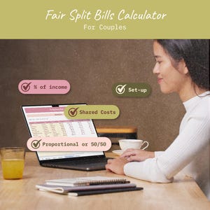Puede incluir: Una calculadora digital para dividir facturas para parejas mostrada en la pantalla de un portátil. La interfaz presenta botones etiquetados como % of income, Set-up, Shared Costs y Proportional or 50/50, cada uno marcado con un icono de verificación.