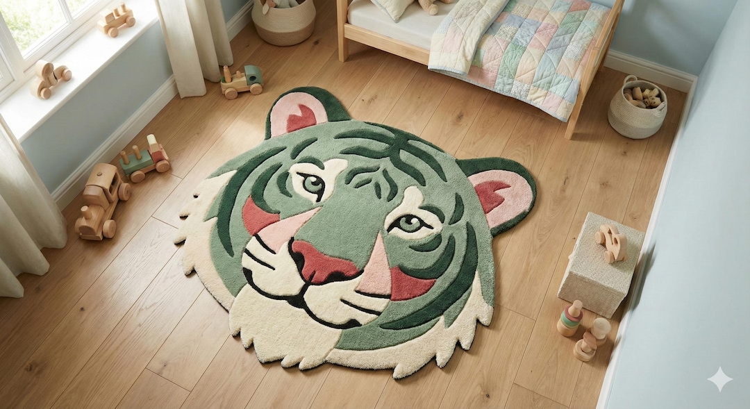 Tiger Shape Rug Green Tiger Face Rug for Kids Room, Hand Tufted Wool Animal Shape Rug ...