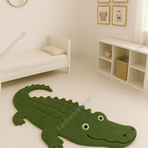 Crocodile Kids Rug: Green Animal Shaped Nursery Carpet