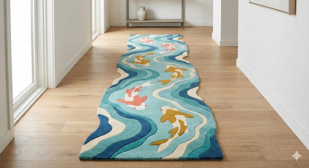 Hand Tufted Koi Fish Runner Rug | Japanese Pond Hallway Carpet | Blue ...
