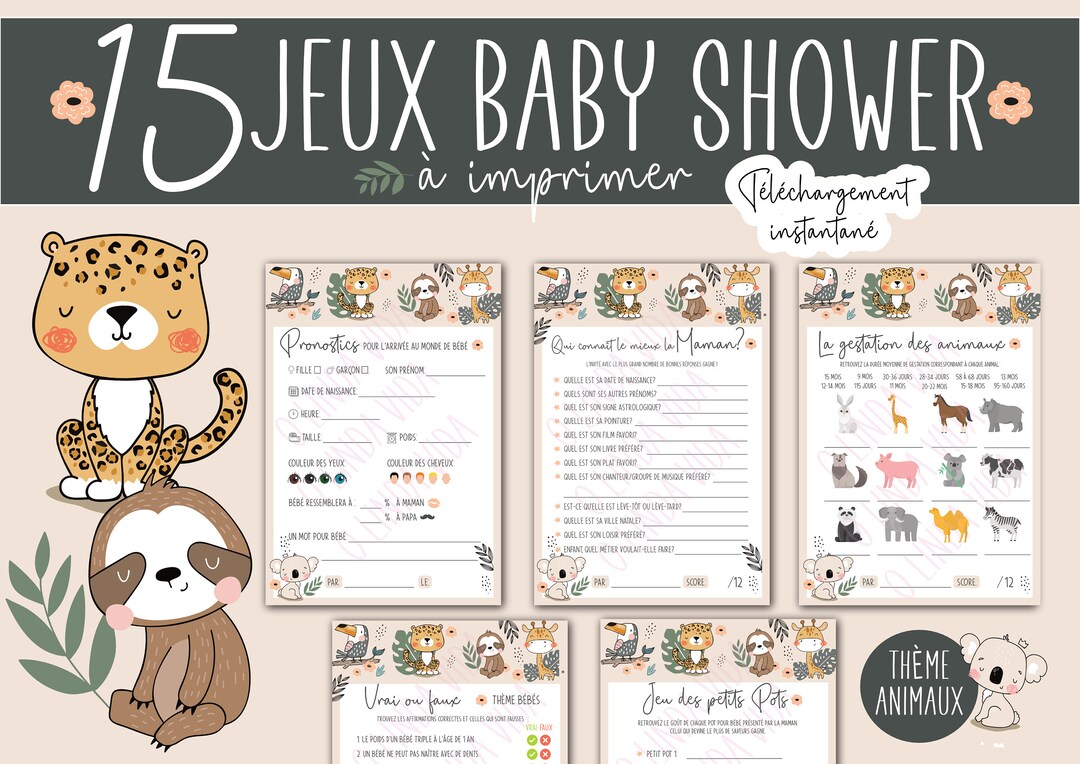 15 Jeux Baby Shower à imprimer Thème Animaux Activités Baby Etsy France
