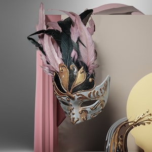Chic Winged Crown Venetian Mask - Delicate Powder Pink with Black Feathers -