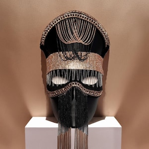 Black Sultan Masquerade Mask: Velvet, Gold Mystic Chain Royal Veil  - Wall Decor, masquerade
