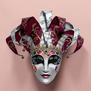 Red and White Jester Mask - Venetian Mask - Rio Venice Carnival - Colorfull Face