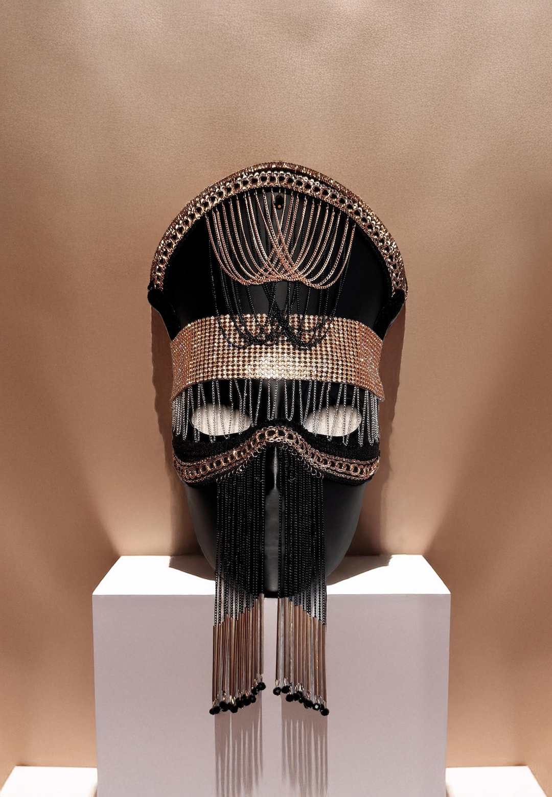 Black Sultan Masquerade Mask: Velvet, Gold Mystic Chain Royal Veil