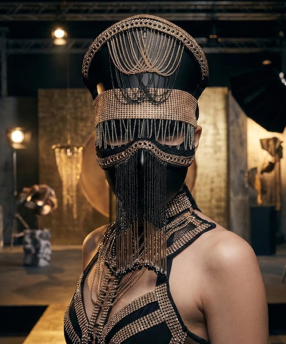 Black Sultan Masquerade Mask: Velvet, Gold Mystic Chain Royal Veil