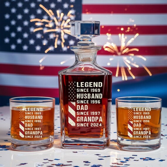 Grandpa The Legend Whiskey Decanter Set – Engraved Glass Decanter & 4 Glasses Gift For Men