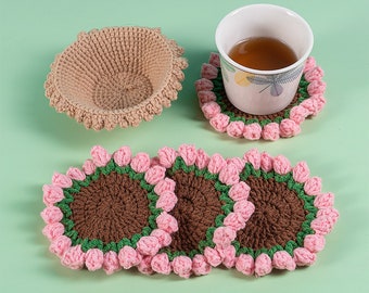 Cute Tulip Coaster| Lalibee Crochet |Home Decor |Crochet Coaster Cute Drink Flowers Coaster Set For Coffee Table Tabletop Coffee Tea Coaster
