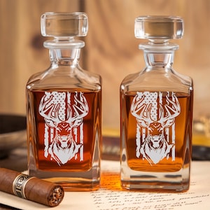 USA Flag Buck Hunting Whiskey Decanter With Glass, Hunting Gifts, Best Gifts for Hunters, Hunting Personalized Decanter