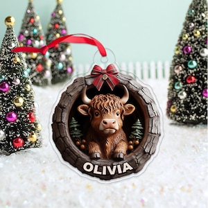Custom Name Cute Highland Cow Ornament, Personalized Christmas Tree Decoration, Farm Animal Holiday Gift for Kids