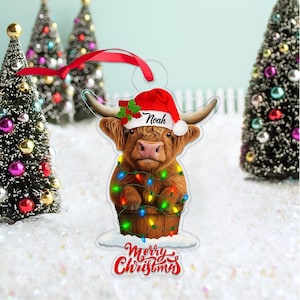Custom Name Highland Cow Ornament, Farm Animal Xmas Tree Decoration, Personalized Highland Cow Christmas Gift, Rustic Country Barnyard
