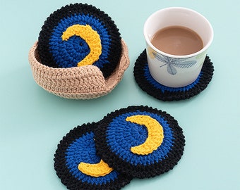 Waning Moon Coasters Set Crochet | Home Decoration | Astrology Lover Gifts Coaster Zodiac Crochet Horoscope Gifts For Her | Lalibee Crochet