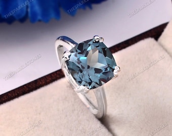Vlekkeloze groenblauw saffierring blauwgroene saffier verlovingsring instructiering kussen edelsteenring stapelring bruiloft kerstsieraden