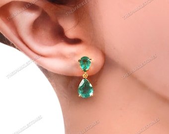 Columbian Emerald Stud Earrings Green Bridal Earrings Pear Emerald Earrings May Birthstone Wedding Jewelry Gifts 925 Sterling Silver Gifts