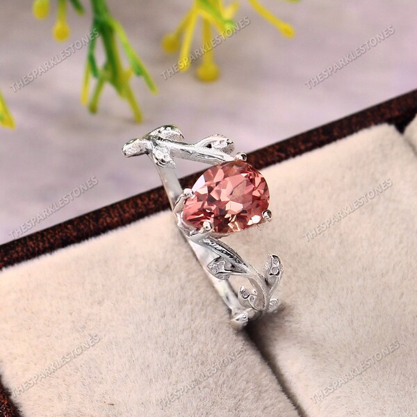 Peach Padparadscha Bague en saphir Bague en saphir naturel Bague en pierre précieuse de poire, bague en argent sterling cadeau pour sa bague de fiançailles bague de mariage