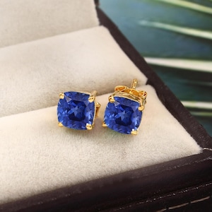 Ceylon Blue Sapphire Earrings Blue Bridal Earrings Cushion Gemstone Stud Sapphire Stud Earrings Gift For Her Blue Sapphire Wedding Earrings