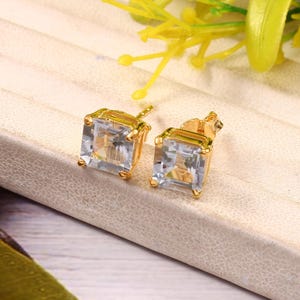 Aquamarine Stud Earrings Bridal Earrings Asscher Aquamarine Gemstone Stud Earrings Gift For Her Wedding Jewelry 925 Sterling Silver Jewelry