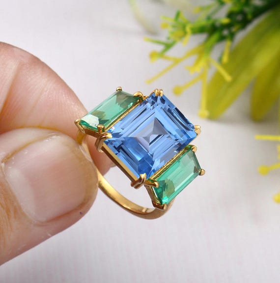 Blue Aquamarine Ring Three Stone Ring Emerald Ring Brazilian Aquamarine Octagon Ring Wedding Ring Gift for Love Christmas Jewelry Gifts Etsy Canada