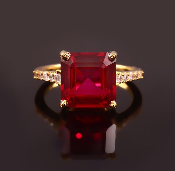 10mm Mozambique Ruby Ring Asscher Cut Gemstone Rings 925 Sterling