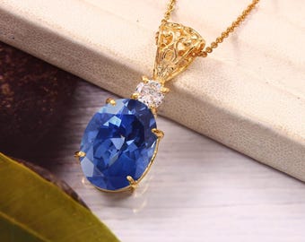 Ceylon Blue Sapphire Pendant 925 Sterling Silver Oval Necklace, September Birthstone Jewelry