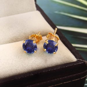 Ceylon Blue Sapphire Earrings Blue Bridal Earrings Round Gemstone Stud Sapphire Stud Earrings Gift For Her Blue Sapphire Wedding Earrings