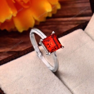 Orange Sapphire Ring, Dainty Sapphire Ring Princess Cut Gemstone Ring, Sterling Silver Summer Jewelry, Gift For Her, Minimalist Wedding Ring