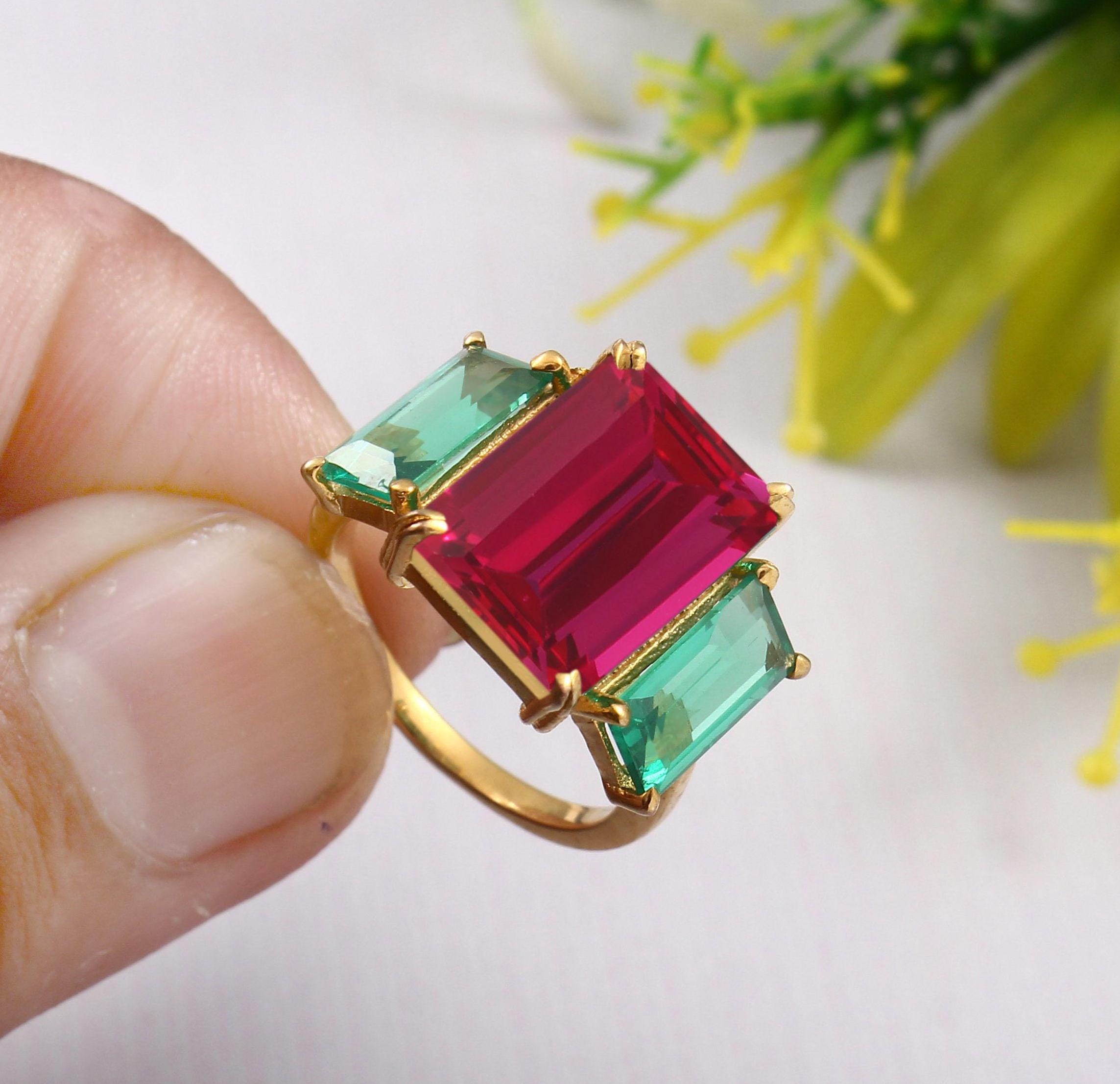 Mozambique Ruby and Emerald Ring: Sterling Silver Gemstone