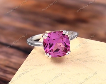 Pink Sapphire Ring: 10MM Cushion Gemstone, Sterling Silver Jewelry