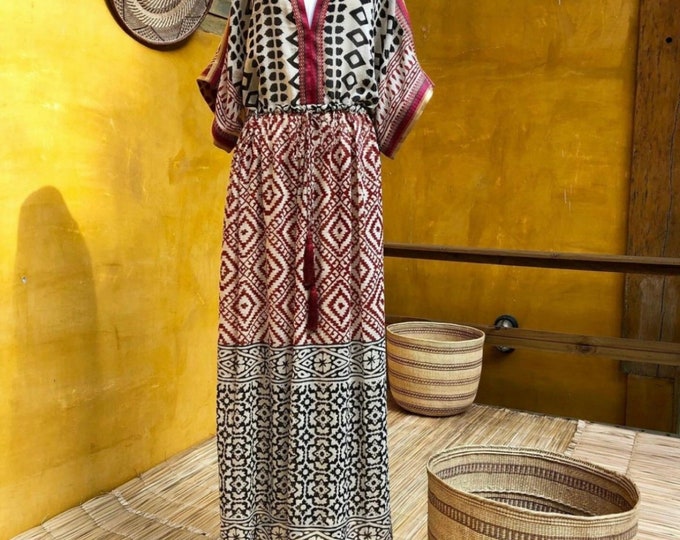 Indian Cotton Long Kaftan Dress with Silk Zari Border, Black/Red Hand Block Geometric Printed Soft Cozy Bikini Cover Up Maxi Dress for Women