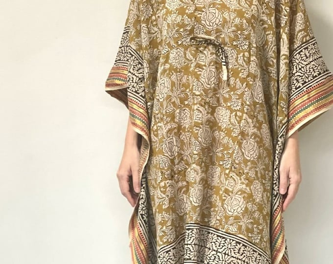 Cotton Short Kaftan Dress with Drawstring & Zari Border, Women Party Wear Kaftan, Green Floral Handmade Short Dress, Beach Cover-Up Dress