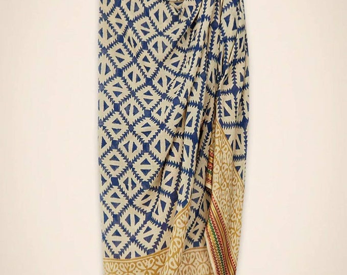 Indigo Geometric Hand Block Printed Golden Zari Cotton Sarong, Beach Wrap Pareo, Long Scarf, Large Sarong, Cover up, Soft Fabric Scarf Gift
