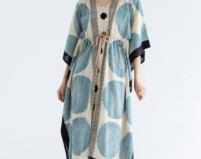 Hand Block Print Kaftan Dress Long Caftan, Dress Beach Cover up, Geometric Block Print Sleepwear Maxi Dress Kimono Caftan for Women
