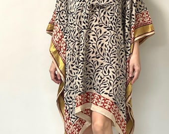 Chic Black Leaf Print Kaftan with Golden Zari Border, Soft Pure Cotton Indian Hand block Print Caftan, Summer Beach Wear, Cover Up For Women