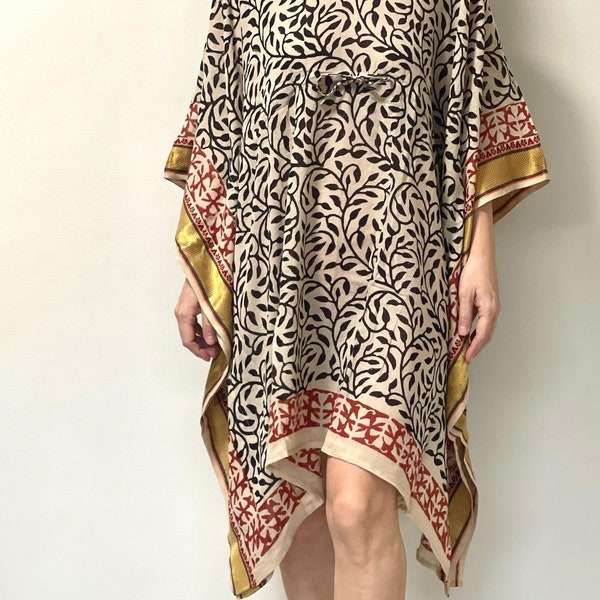 Chic Black Leaf Print Kaftan with Golden Zari Border, Soft Pure Cotton Indian Hand block Print Caftan, Summer Beach Wear, Cover Up For Women