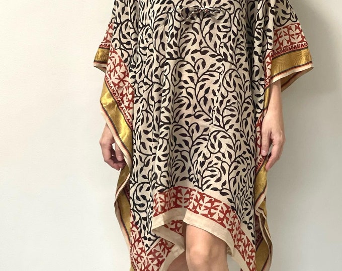 Chic Black Leaf Print Kaftan with Golden Zari Border, Soft Pure Cotton Indian Hand block Print Caftan, Summer Beach Wear, Cover Up For Women