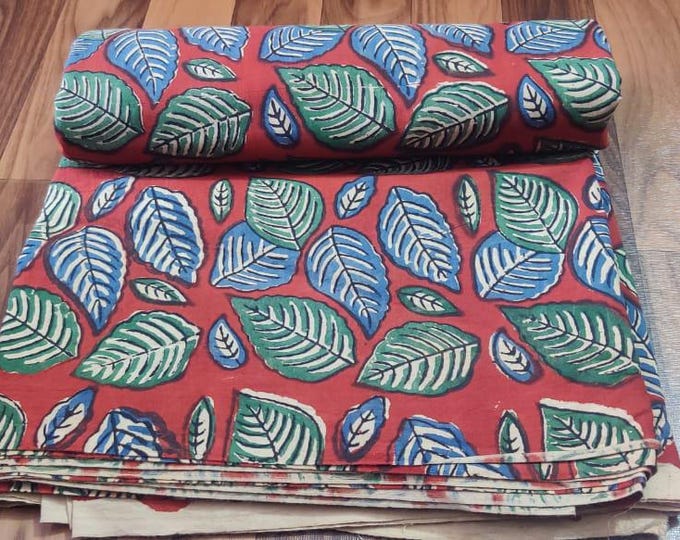 Hand Block Print Fabric - Green & Blue Leaves Indian Print Fabric - 100% Cotton Cambric - Hand Block Printed Cotton Running Fabric By Yard