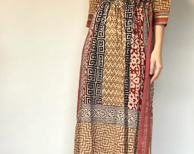 Block Printed Cotton Maxi Kaftan Dress - Both Side Zari Border Beach Kaftan for Her, Printed Maxi for Women, Summer Beach Maxi Dress