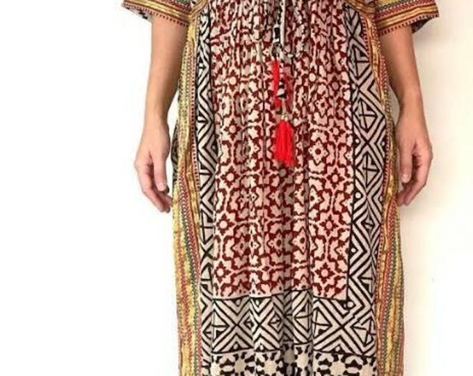 Jaipur Hand Block Print Long Kaftan Dress | Zari Border Cotton Maxi Gown Dress | V-Neck Sundress for Her | Halloween Gift | Beach Dress Gift