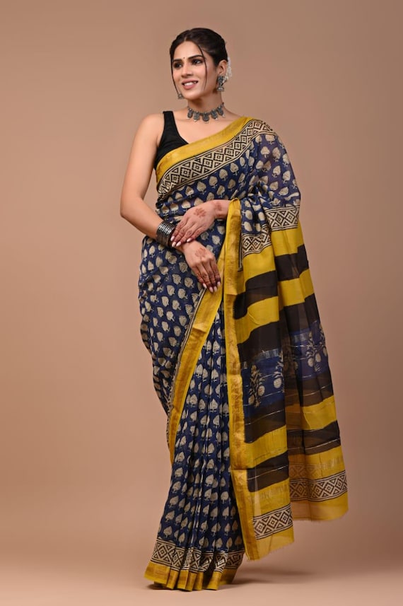 sari様ネイビー0 Printed Maheshwari Silk Saree - Black, Yellow, Gold Border - Etsy