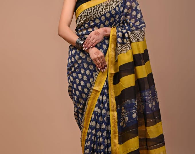 mahesvari printed saree black yellow and gloden patti boder block saree so look indian 'maheshwari silk saree